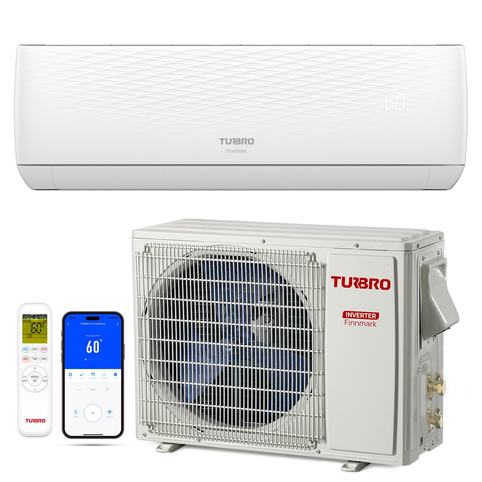 TURBRO 18,000 BTU Ductless Mini Split AC with Heat Pump, Inverter Compressor, 19 SEER2, 230V, R32 Refrigerant, Pre-charged Evaporator, WiFi-Enabled,