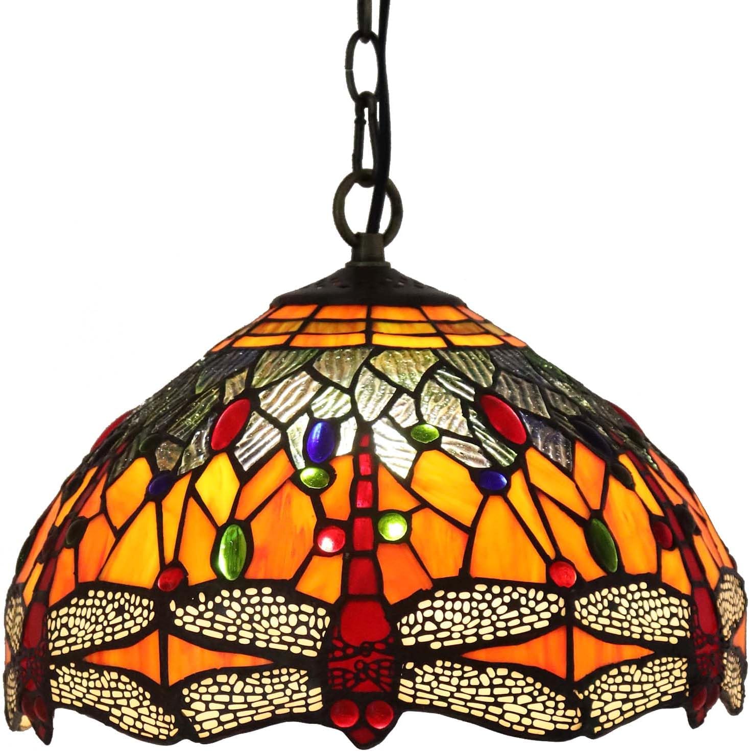 Bieye L11001 Tiffany Style Stained Glass Dragonfly Ceiling Pendant Light, 12-inch Wide