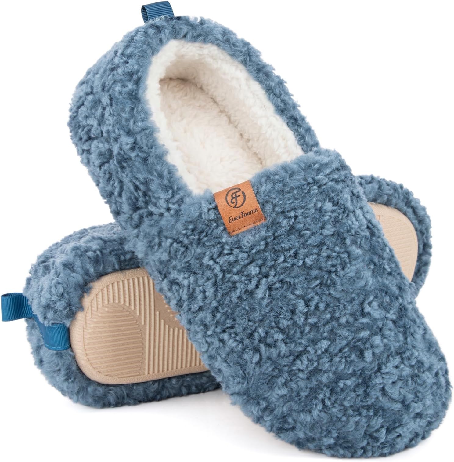 EverFoams Women’s Soft Curly Full Slippers Memory Foam Lightweight House Shoes Cozy Loafer with Polar Fleece Lining