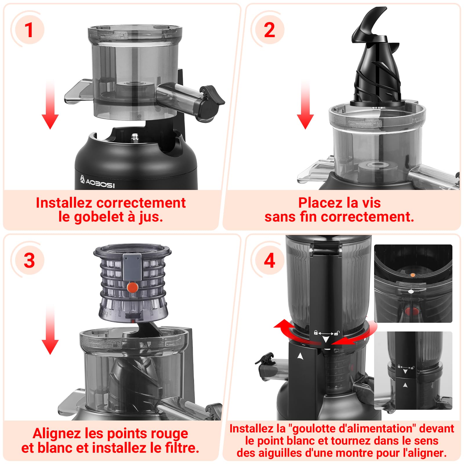 Slow Juicer-AOBOSI Extracteur de jus, 250 W, pour légumes et fruits, avec compartiment de remplissage de 103 mm et 2 filtres sans métal, presse-agrumes, électrique, avec 2 brevets, noir