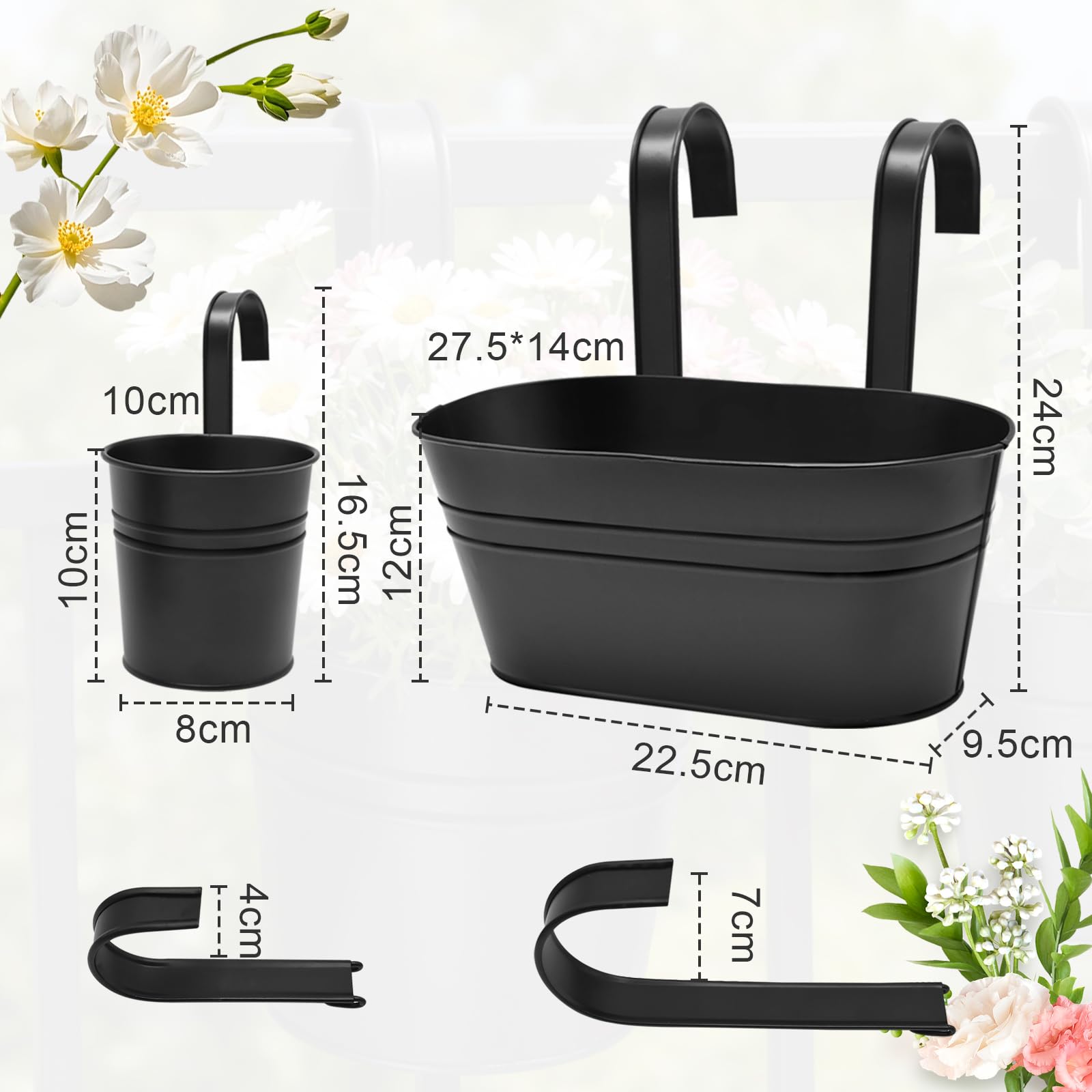 6PCS Pots de Fleurs Suspendus avec 3 Outils de Jardinage, Jardiniere Suspendue avec Trou de Drainage et Crochets Amovibles, Résistantes à la Rouille, Pots pour Balcon, Balustrade, Clôture
