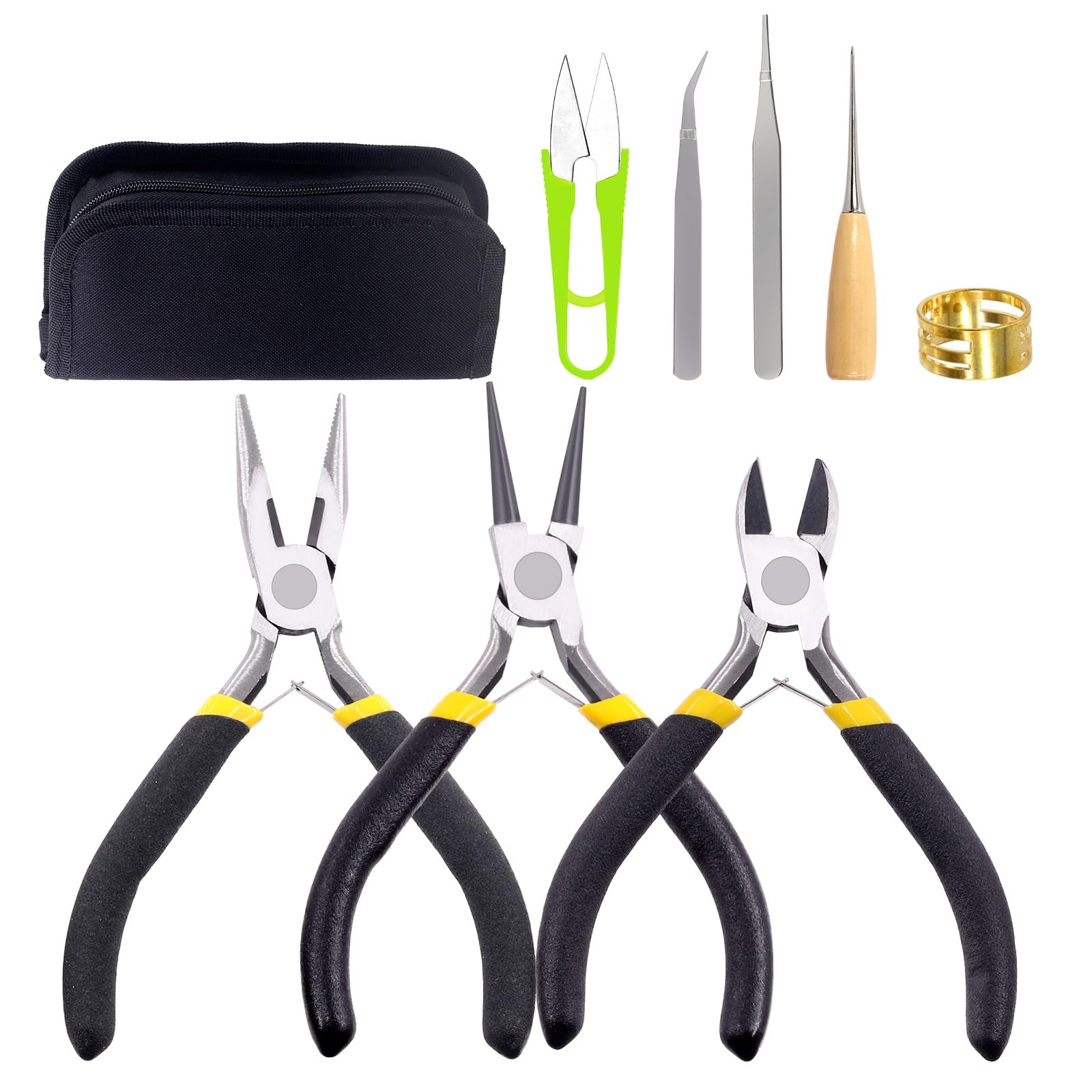 Hilitchi 9Pcs Jewelry Making Supplies Kit, including Needle Nose Pliers, Round Nose Pliers, Wire Cutter, U-type Scissors, Tweezers, Sewing Awl, Open Jump Ring Opener for Jewelry Making or Repairing