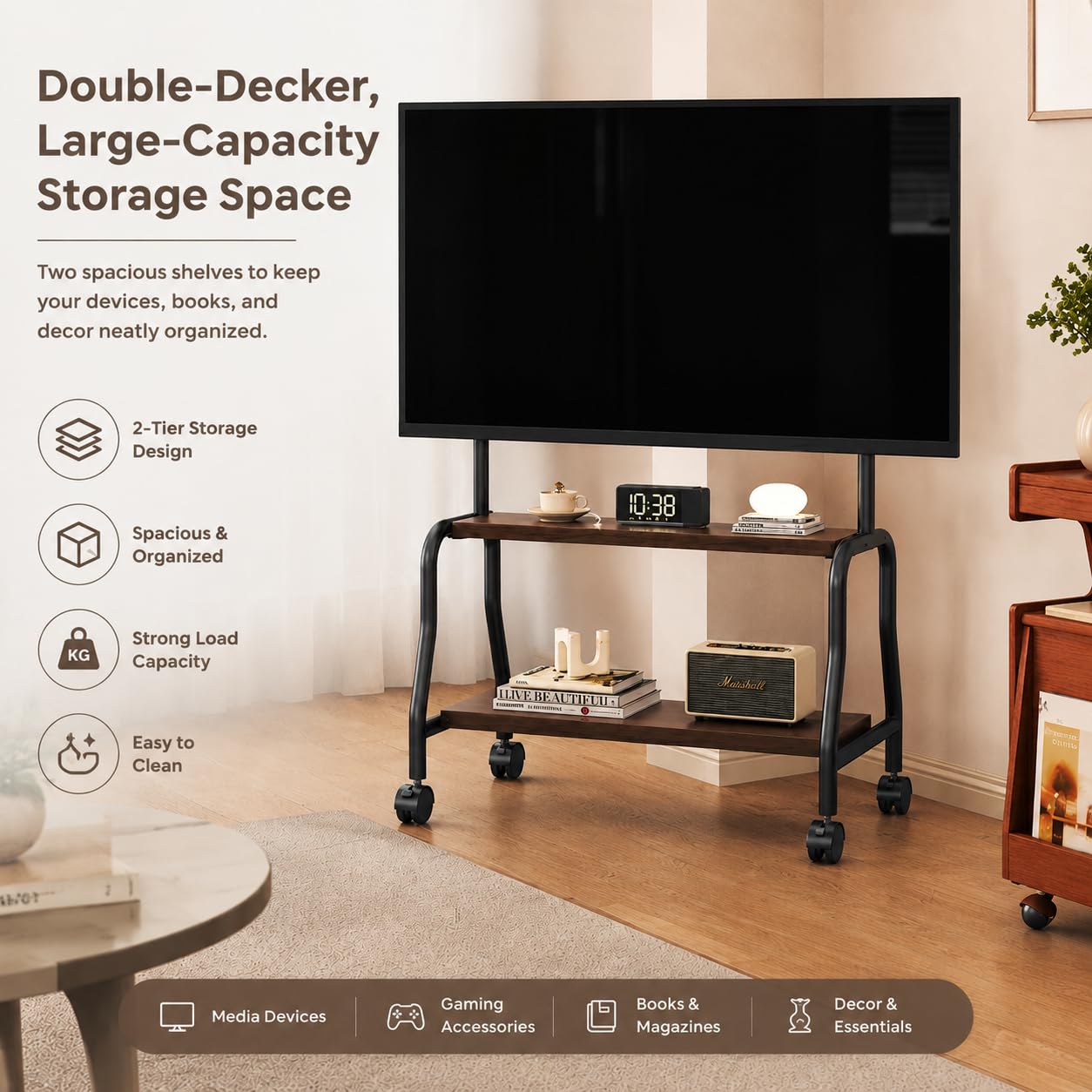 Mustorn Support TV sur Pied pour Les Téléviseurs De 32 à 75 Pouces, Tele Portable sur Pied TV Universel Jusqu'à 50 Kg Meuble TV sur roulettes VESA Max 600 x 400 mm Support Télé Trepied TV Meuble