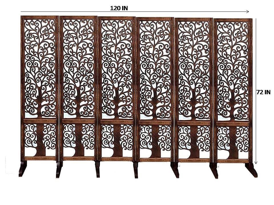 Image of Artesia Wooden Handcrafted 6 Panel Room Divider with Stand Partition for Living Room | Foldable Privacy Screen with Tree of Life Carved Design | Decorative Partition Wall Panel for Home, Bedroom