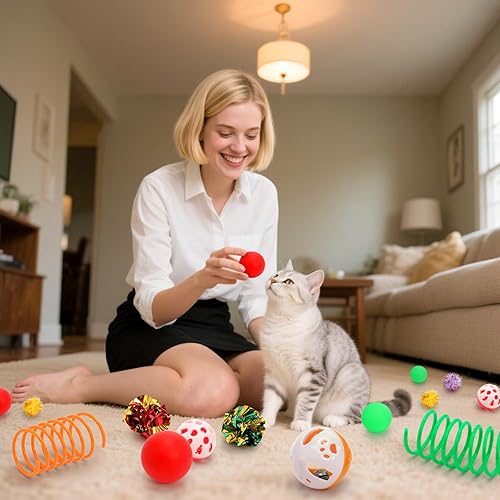 Miniatura 6 de Nicunom 100 piezas de juguetes para gatos y gatitos de interior  primavera, ratones de piel, bola arrugada, bola de pompón brillante, campana,