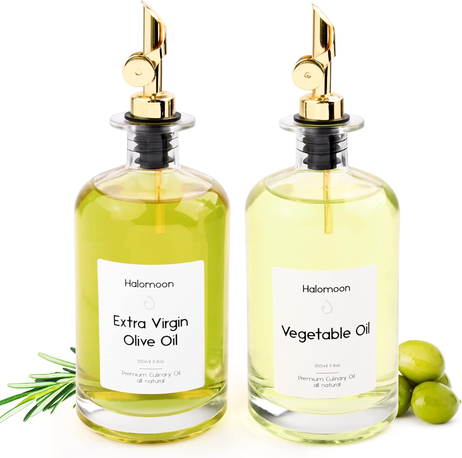 Olive Oil Dispenser Bottles for Kitchen with Weighted Stainless Steel Pourer, Oil and Vinegar Dispenser Glass Bottles Set of 2 with 30 Label 16.9 OZ Gold 500ml