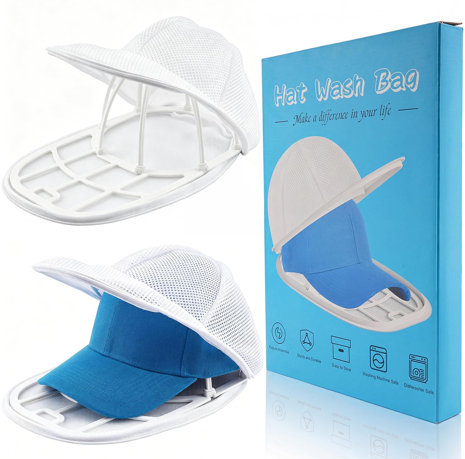 Eiito Hat Washer Cage, 2-Pack White, for Baseball Caps, Flat & Curved Hats, Machine & Dishwasher Safe