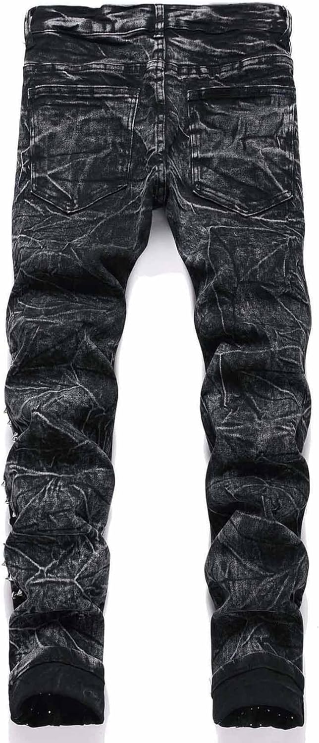 Men's Retro Style Straight Slim Fit Jeans Side Rivets Decoration Denim Jeans Punk Style Trousers - Image 3