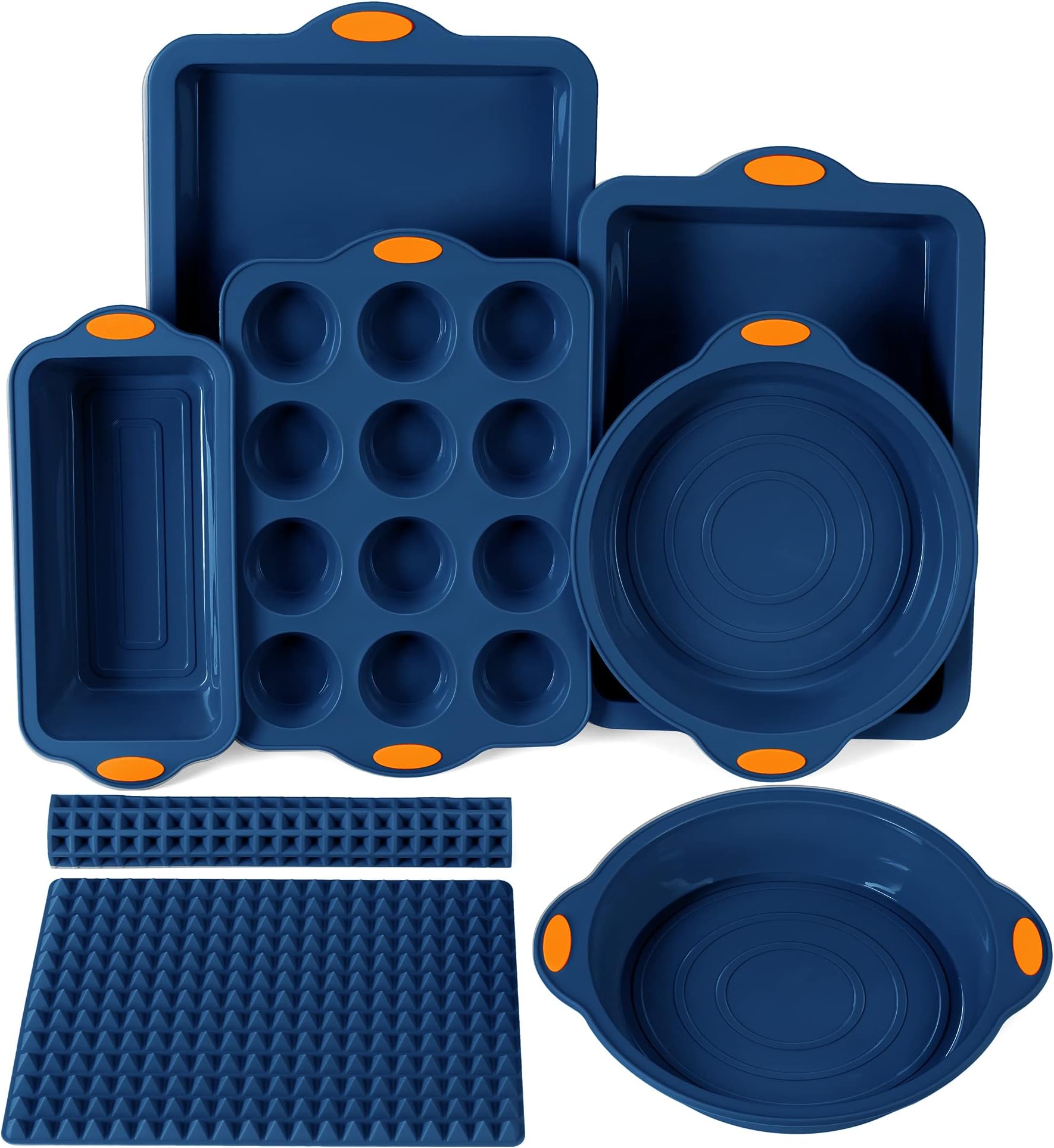 To encounter 8 in 1 Silicone Baking Set - 6 Cake Molds - 2 Silicone Baking Mat, Nonstick Cookie Sheet, Cake Muffin Bread Pan with Grips and Metal Reinforced Frame More Strength, Navy Blue