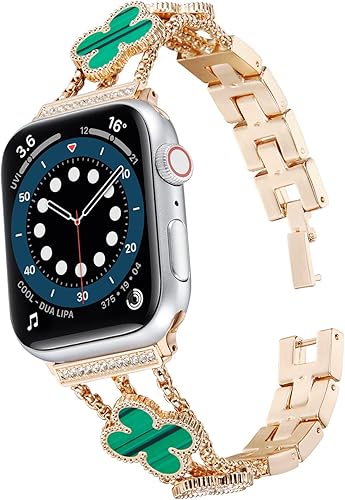 Miniatura 3 de Pulsera de lujo de acero inoxidable para Apple Watch, diseño de trébol de cuatro hojas con diamantes de imitación, a prueba de sudor, ajustable,