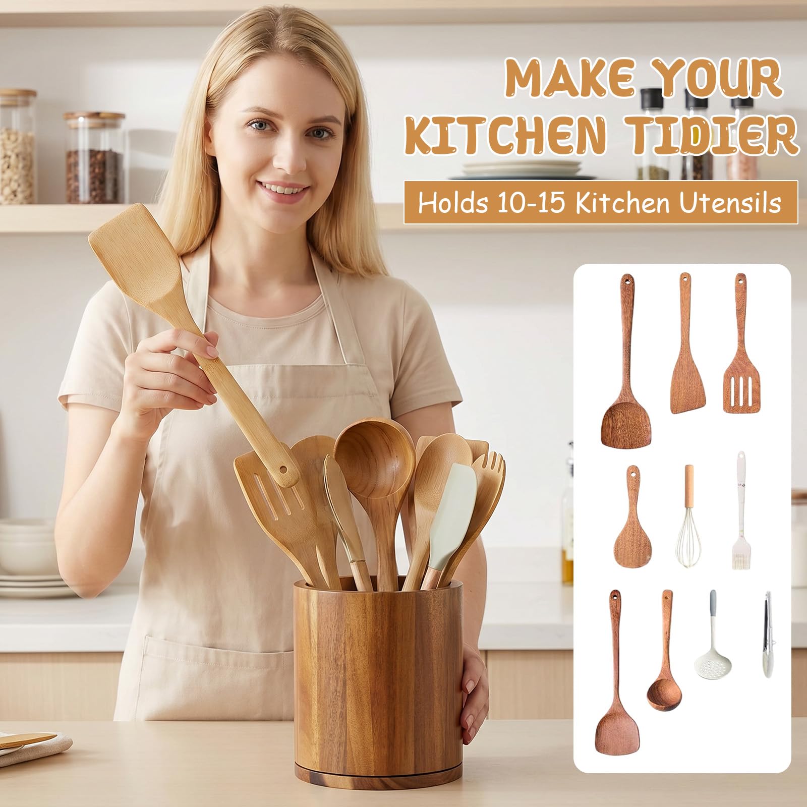 Portautensili da Cucina in Bambù Girevole 360°, 18.5×15.5×15.5cm, Impermeabile, Portautensili per Utensili da Cucina con Spazio 10-15 Utensili per Bancone da Cucina.