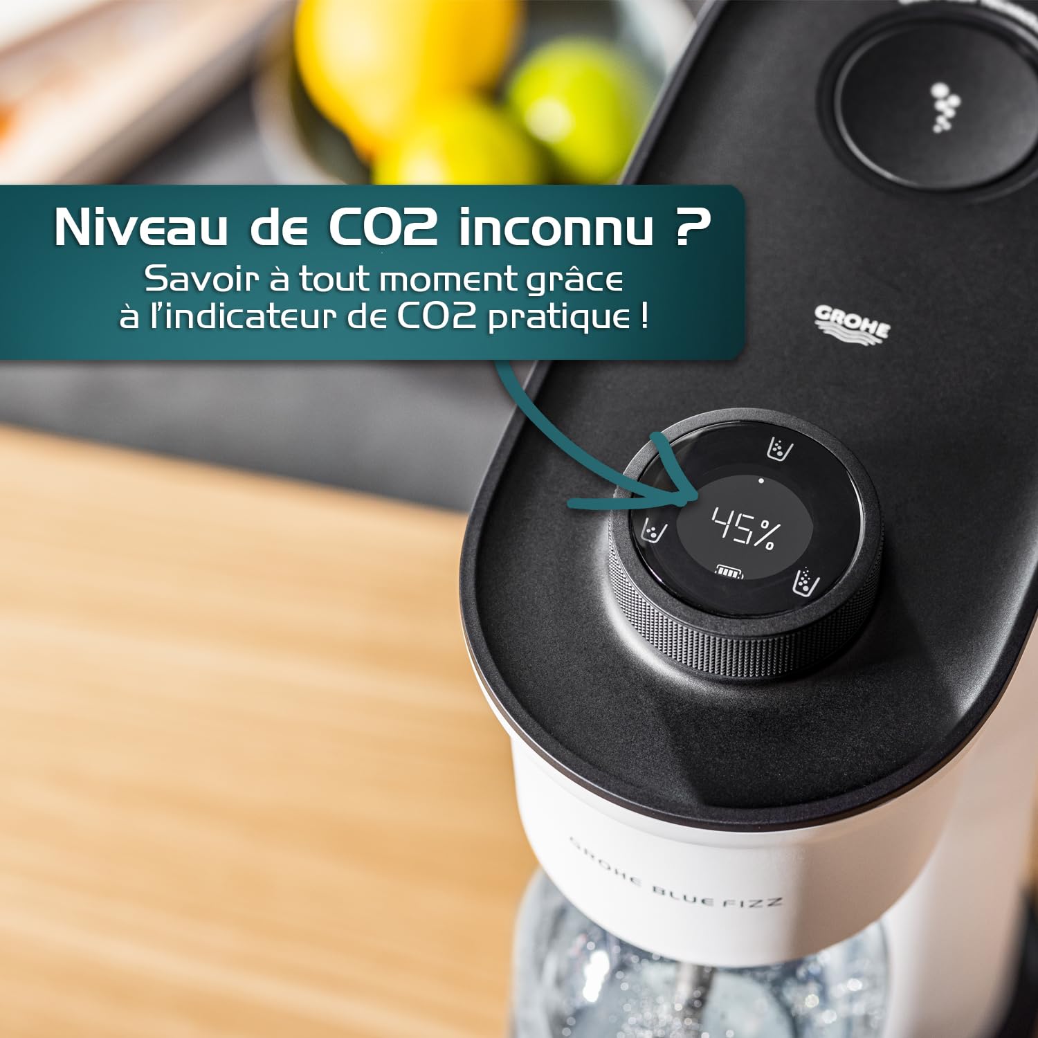 GROHE Blue Fizz Premium Machine à Eau Gazeuse (Affichage et Préréglage Niveau CO2, Bouteille de CO₂ non incluse), Batterie intégrée et rechargeable, Buse Acier Inoxydable, Noir, 31947K00