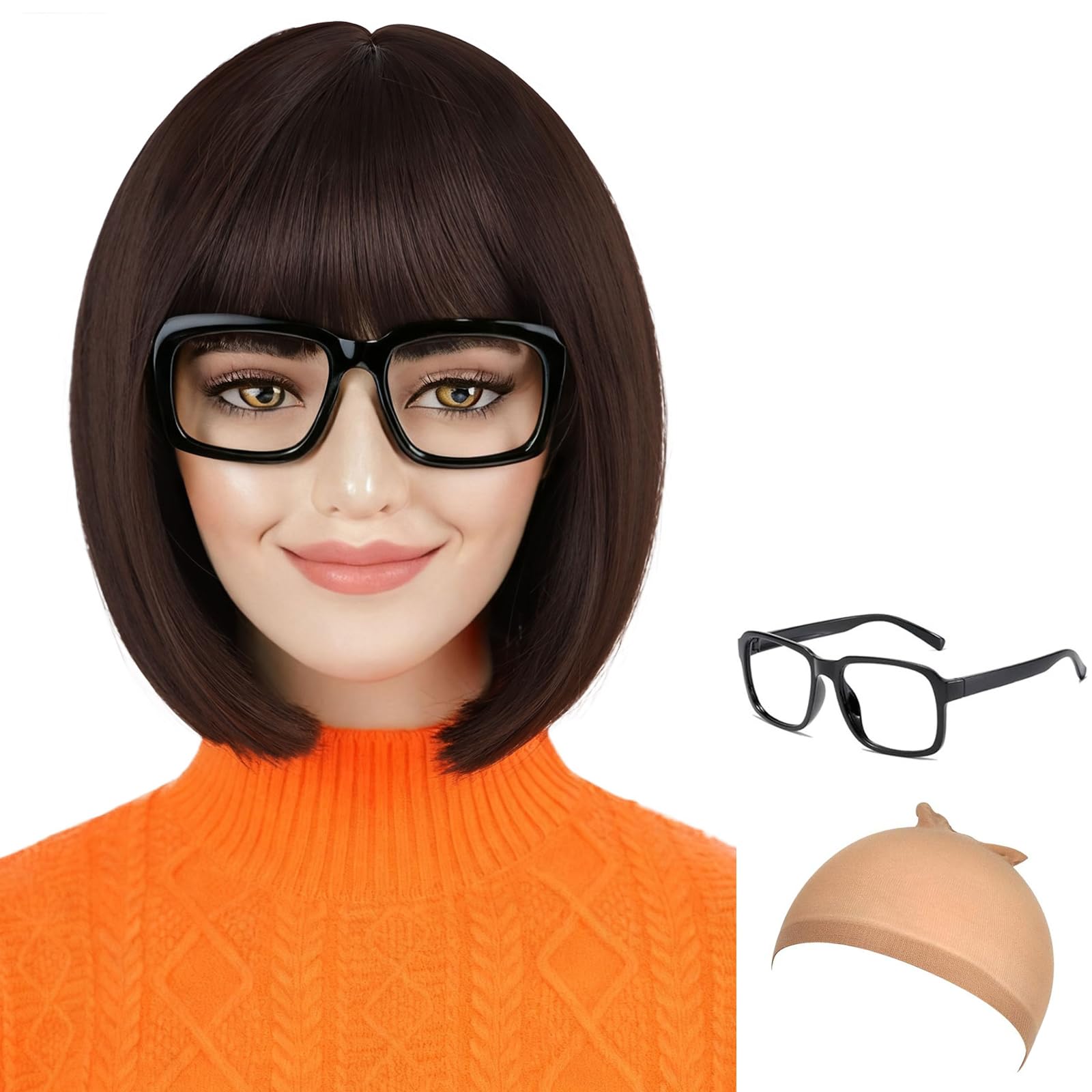 G&T Wig Brown Bob Wig with Bangs Short Straight Bob Velma Wig for Women Heat Resistant Natural Looking Hair for Daily Halloween Cosplay Party Use（