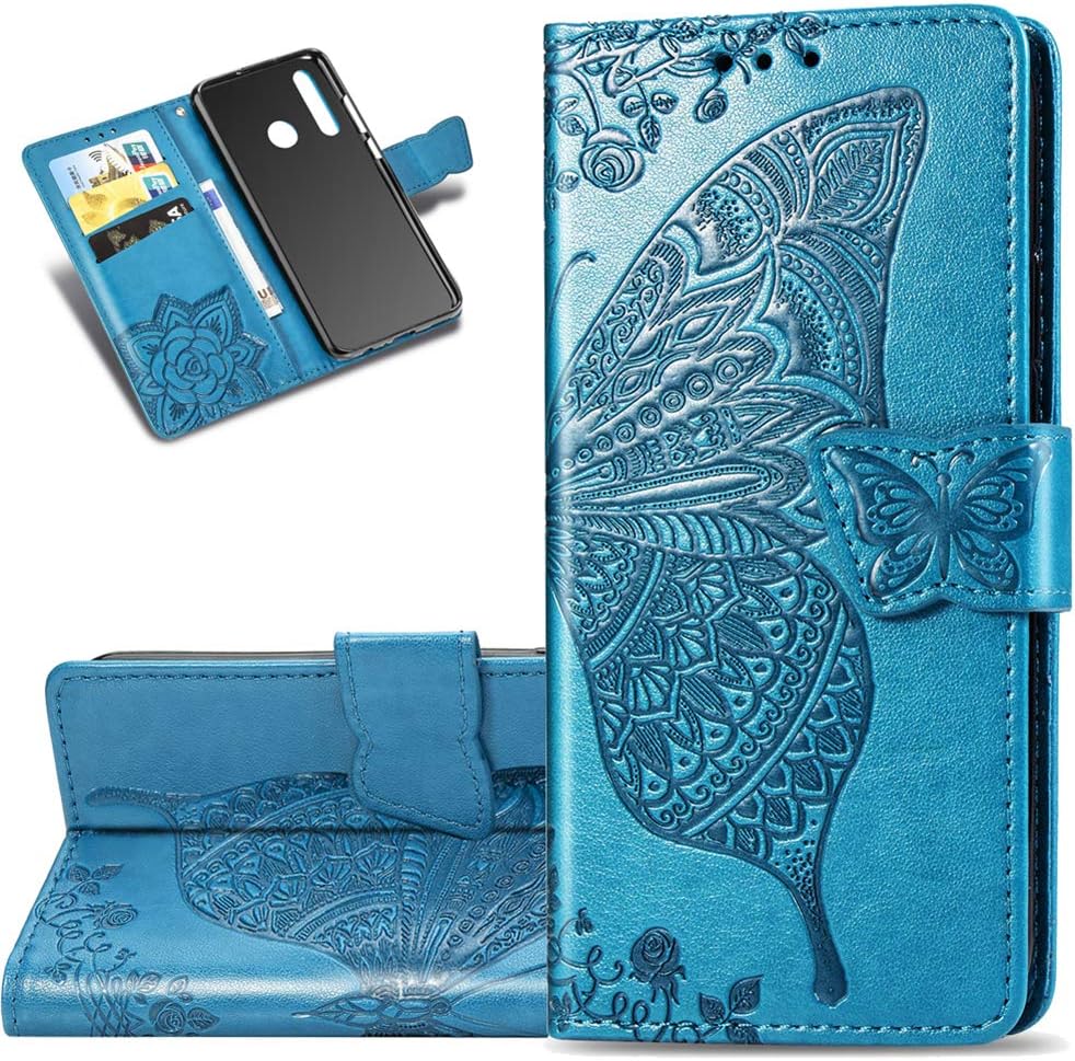 HMTECHUS Y9 Prime 2019 case Embossed Card Slots Bookstyle Wallet PU Leather Durable Magnetic Closure Flip Kickstand Full Protection Shockproof Cover for Huawei P Smart Z Butterfly Blue SD