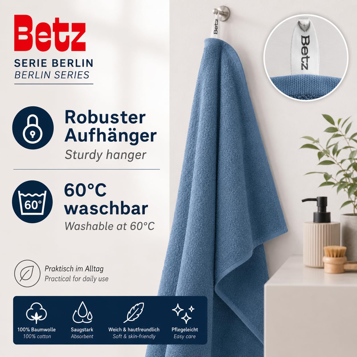 Betz Drap de Bain XXL 100x200 cm – 1 pièce – pour Sauna et Plage en 100% Coton, 360 g/m² - Absorbant et Doux – Grande Serviette avec Attache Serviette – série Berlin - Couleur Bleu Pigeon