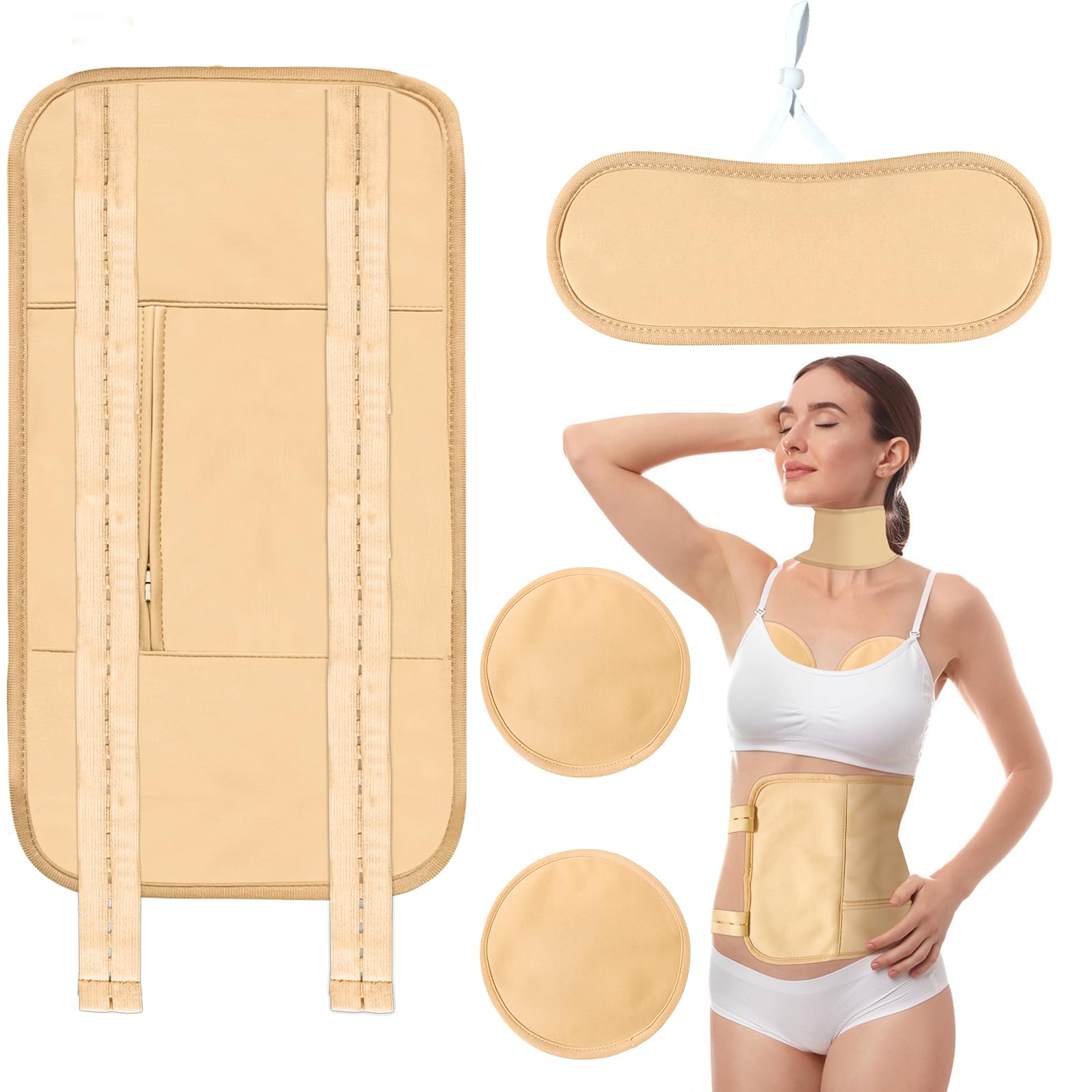 4 Pcs Castor Oil Pack Wrap Kit, Reusable Organic Castor Oil Packs for Waist Neck and Chest, Compress Castor Oil Packs for Liver Detox with Adjustable Elastic Strap, No Leakage Machine Washable Khaki