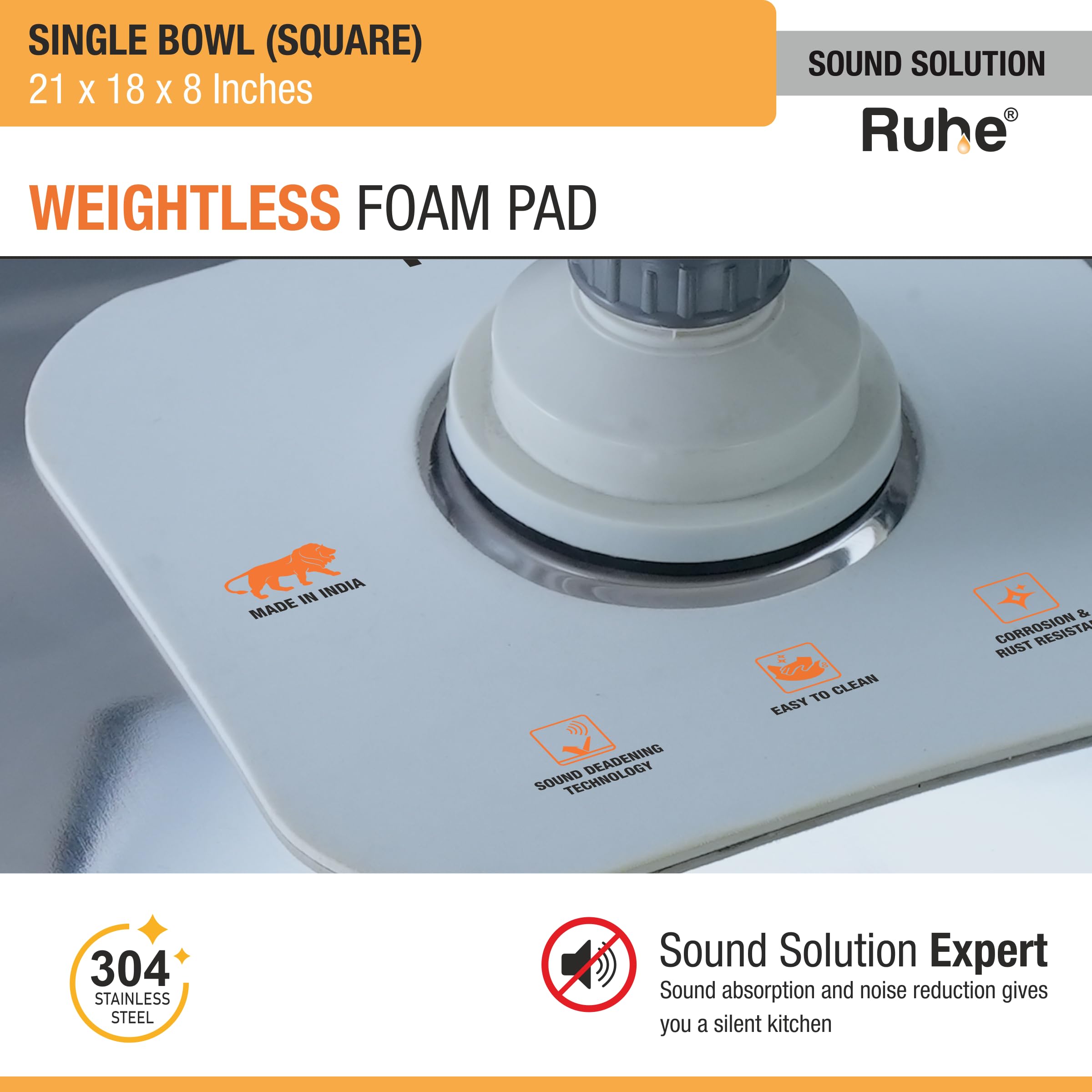 Ruheยฎ Square Single Bowl 21 x 18 x 8 inches Kitchen Sink | 304-Grade Stainless Steel Square Single Bowl Kitchen Sink | Glossy Finish | Kitchen Sink/Sink Coupling/Waste pipe 3