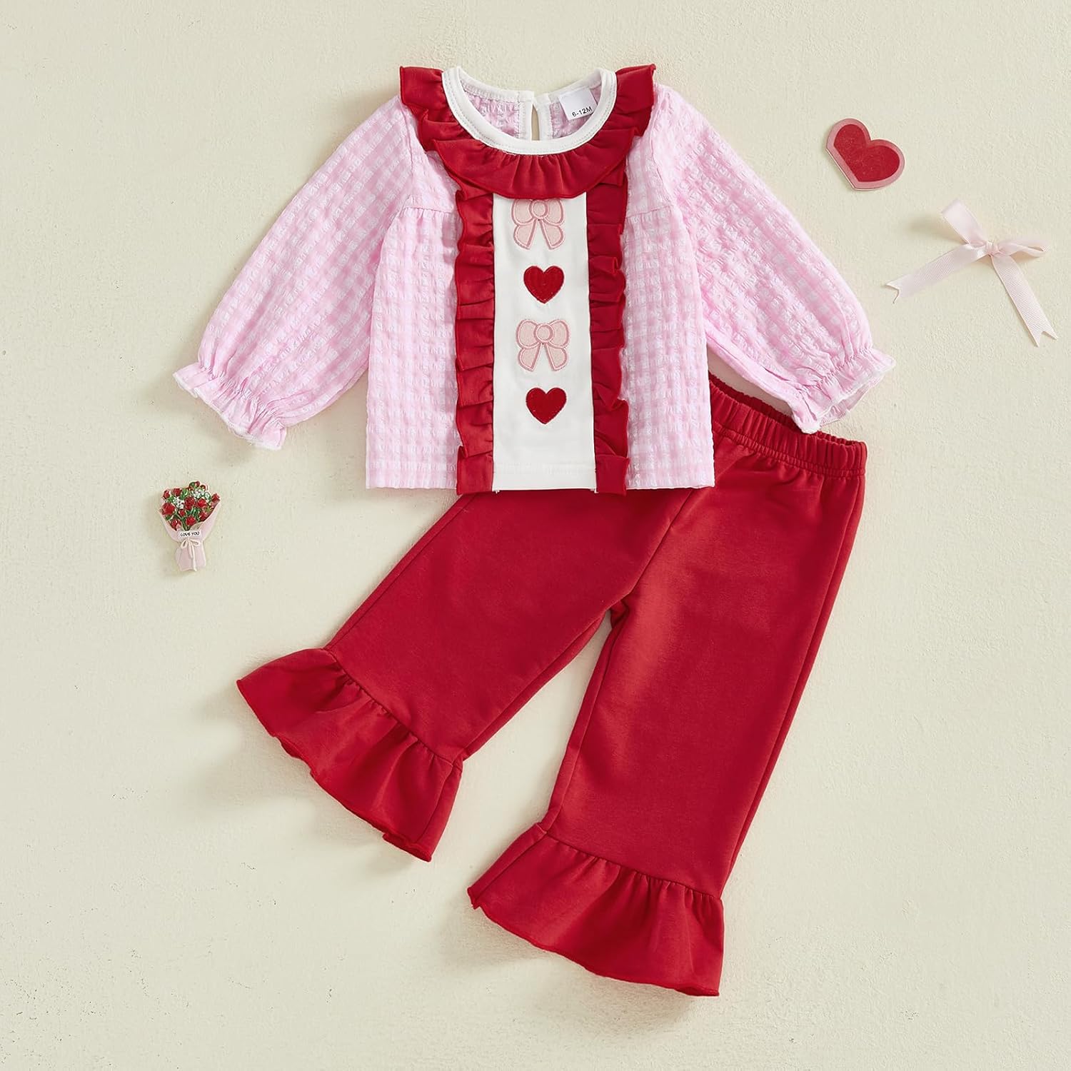 VISGOGO Toddler Girl Valentines Day Outfit Love Heart Embroidery Sweatshirt Shirt Pants Plaid Bow Heart Clothes - Image 3