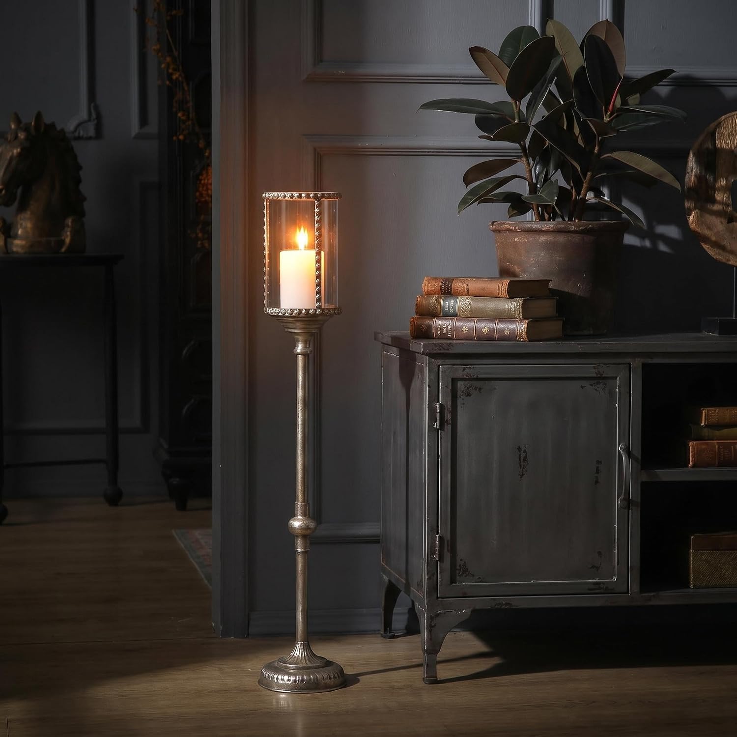 Floor Candle Holder with Glass Lantern, 35 Inch Tall Antique Gold Wrought Iron Pillar Candelabra, Rustic Farmhouse Decorative Candle Stand for Home, Wedding & Outdoor Use