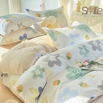 Printing Bedding Duvet Cover Set, Soft Comfortable Cotton Comforter Cover 3 Pieces, Fresh Floral Print Bedding Set Duvet Cover, with Zipper Closure and 2 Pillow Shams,Beige 1,Queen