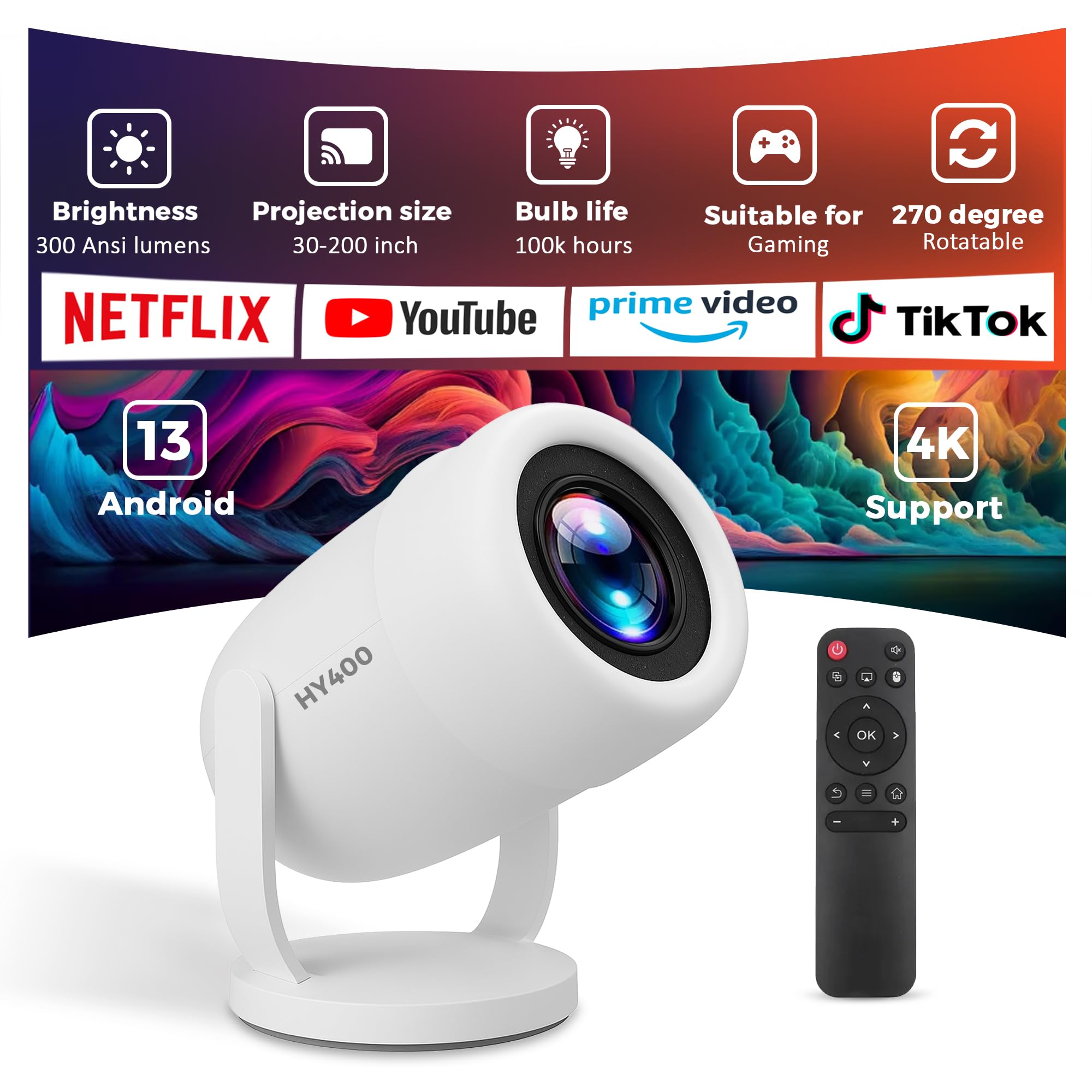 HY400 Premium Smart Mini Projector 4K, 300 Ansi Lumens,1080P android 13, 270° Rotatable,100k hours bulb life with 200