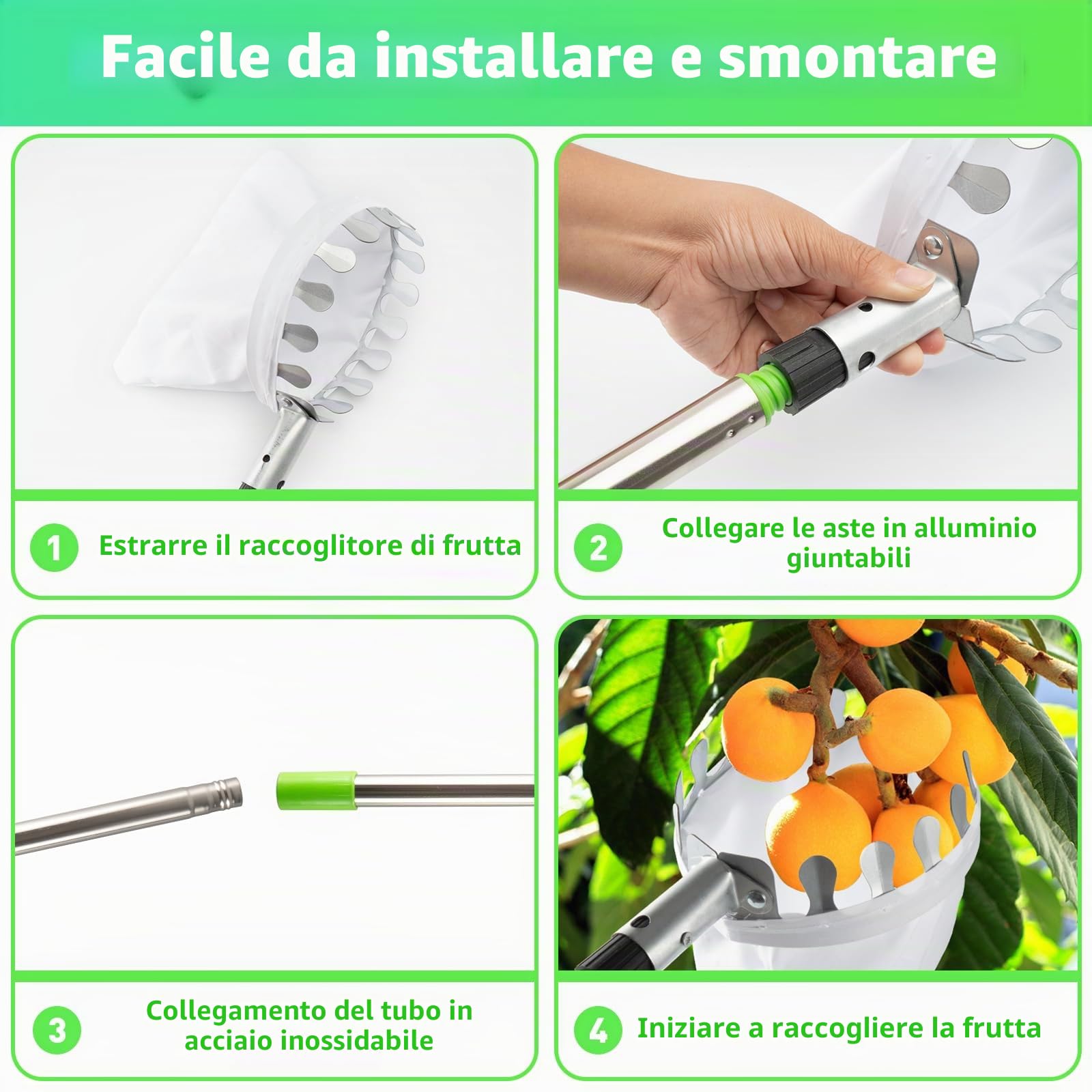 KOMABLEN 4M Raccogli Frutta Telescopico, Raccogli Cachi in Acciaio Inox e Borsa in Cotone, Raccoglifrutta Regolabile, Raccogli Frutta da Albero per Limoni Mele Pere Arance