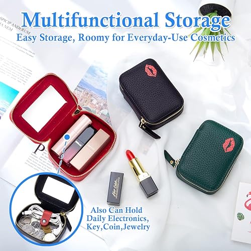 Miniatura 4 de Axcvveiyi Estuche de cuero genuino para lápiz labial con espejo para bolso, mini bolsa de maquillaje suave y duradera, bolsa de aseo adecuada para