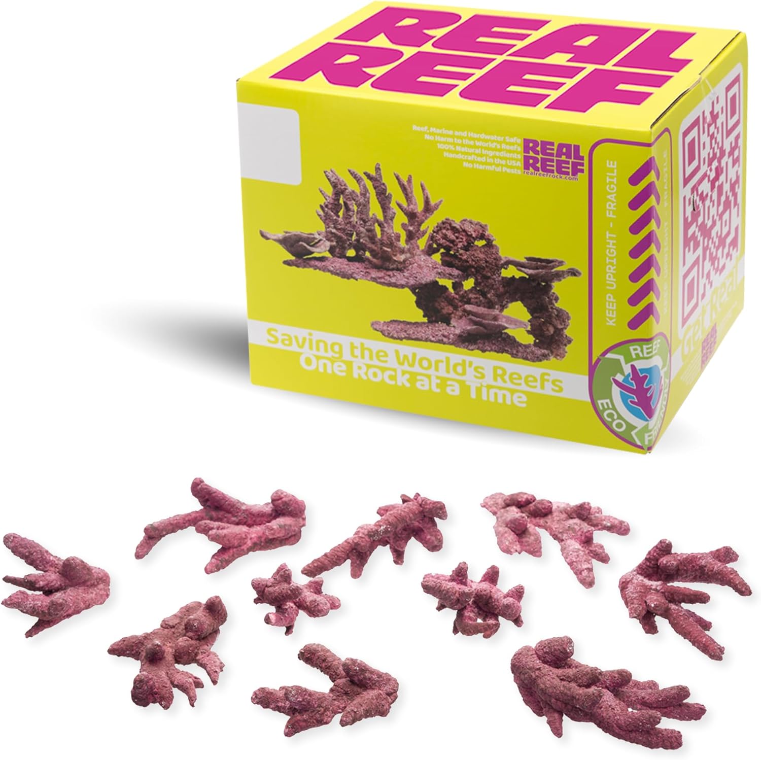 Fancy Branch Rock, Mini 5-8" (10-Pack, 20 lb Box) - Artificial Live Rock for Saltwater Aquariums, Eco-Friendly Tonga-Style Branching Rock, Natural Purple/Pink