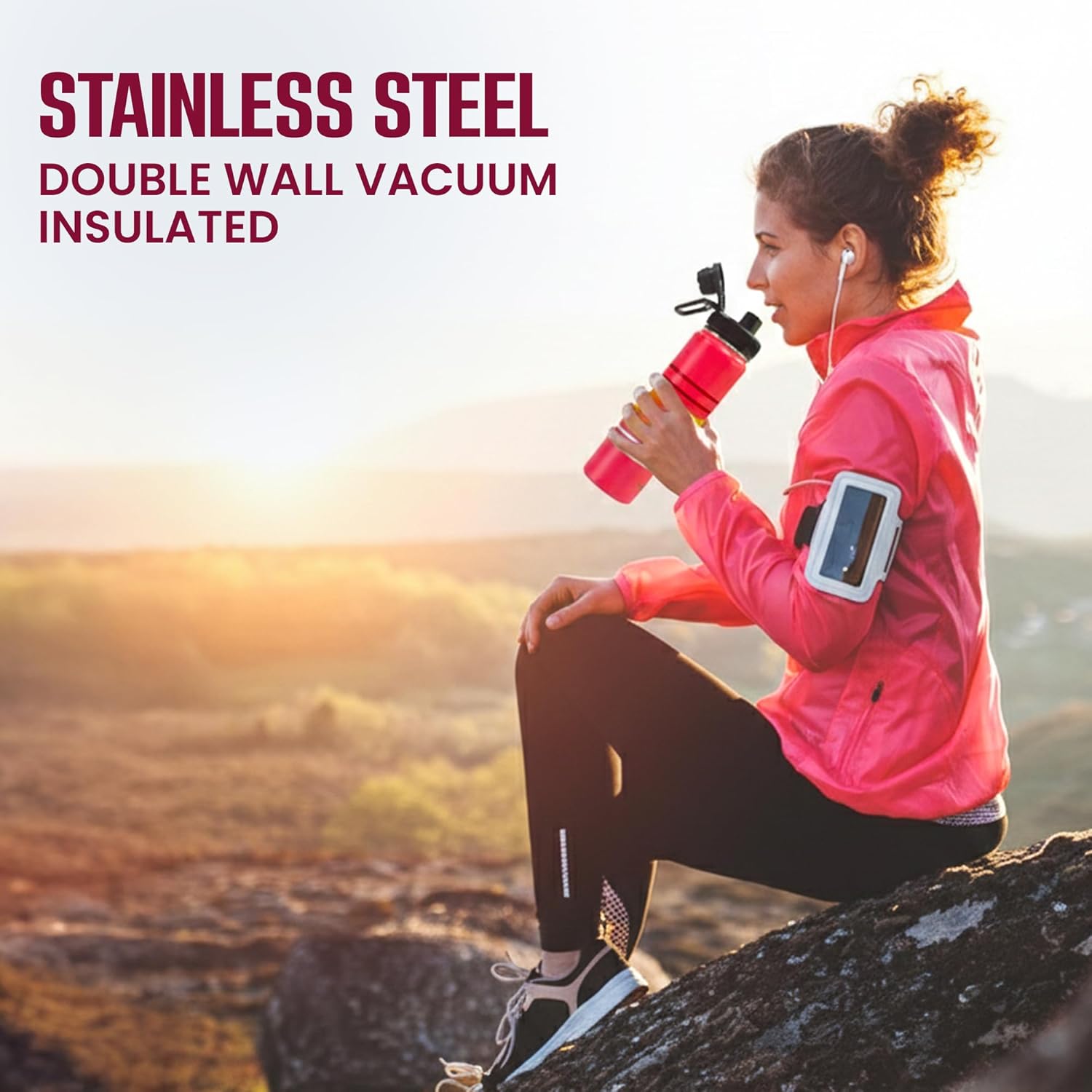 Stainless Steel Water Bottle-24oz Double Insulated, Keeps Cold 24Hrs, Hot 12Hrs, Leak-Proof, BPA-Free, Reusable, Easy-Twist Spout Lid & Handle- Travel, Gym, Office, Outdoor use (Vibrant Pink)
