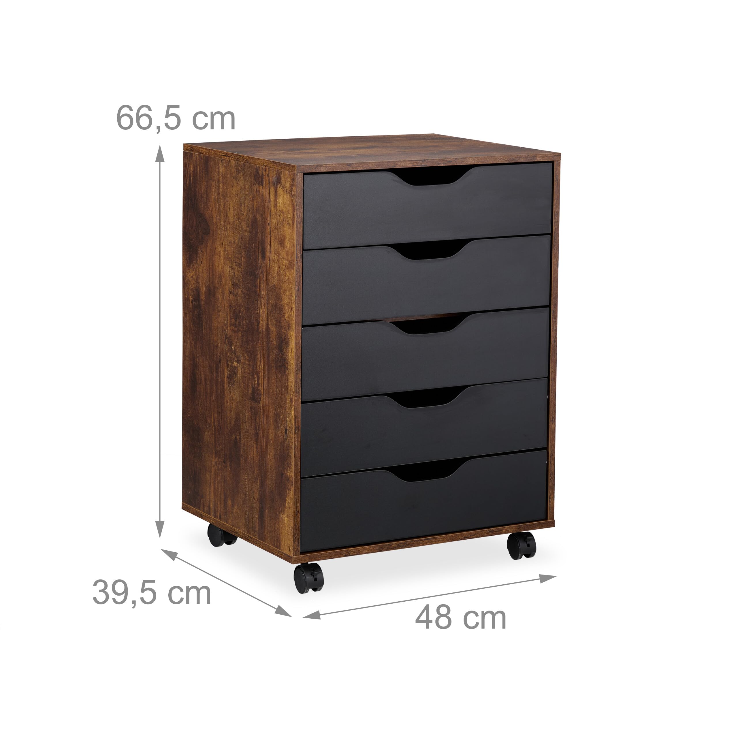 Relaxdays Mesa Impresora, 5 Cajones, 66,5x48x39,5 cm, Cajonera Oficina con Ruedas, Mueble Despacho, Negro/Marrón