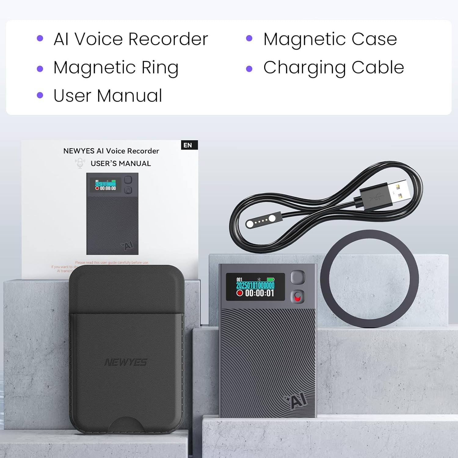 Contents of the NEWYES Ailog AI Voice Recorder package including the recorder, magnetic case, magnetic ring, charging cable, and user manual.