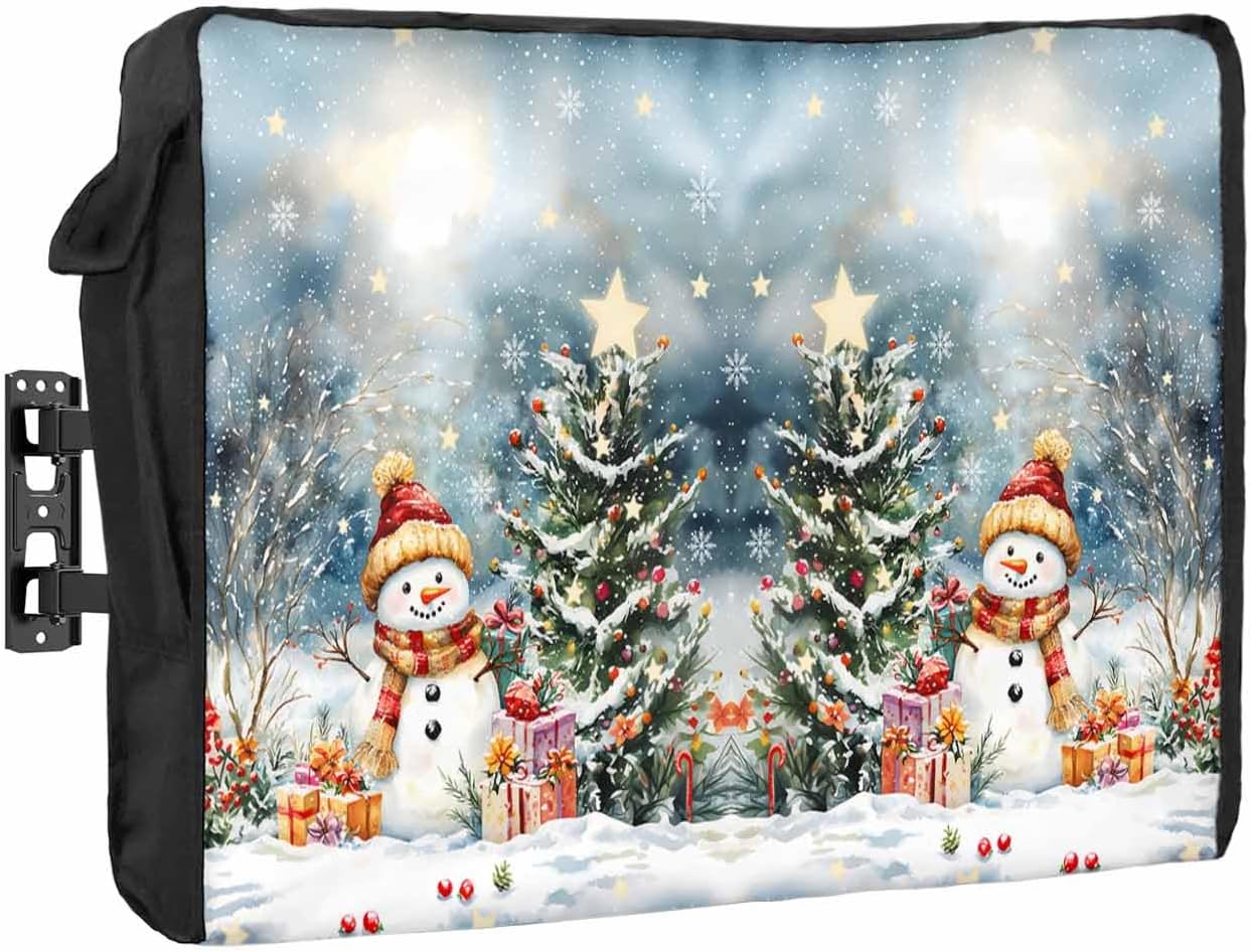 Christmas Snowflake Blue Black Outdoor TV Cover 70"-75" - 600D Waterproof TV Cover Weatherproof TV Screen Protector Dustproof Winter Xmas Tree Snowman TV Display Protector for Outside Flat Screen TV
