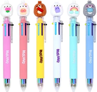 Molang Figure 6-Colors Ballpoint Pen 0.7mm - 2pcs Set - Kawaii Korean Stationery، Cute Multi-Color Writing Tool، School & Office Supplies
