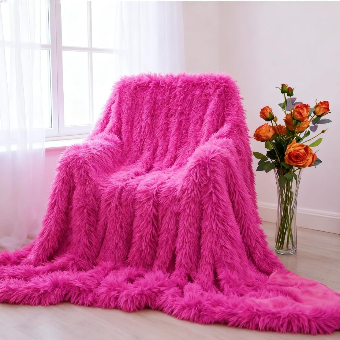 Plush Super Soft Blanket Bedding Sofa Cover Furry Fuzzy Fur Warm Throw Qulit Cozy Couch Blanket for Winter (51"x63", Rose Pink) - Image 9