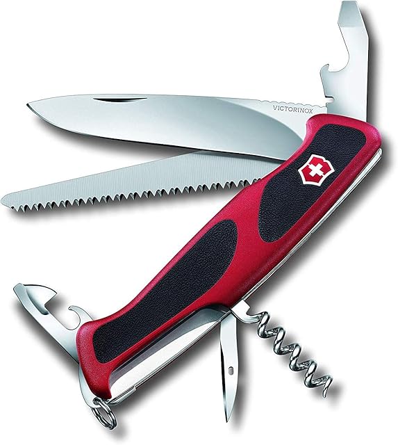 Victorinox Ranger Grip 55 Swiss Army Pocket Knife, Large, Multi Tool, 12 Functions, Locking Blade, Red/Black