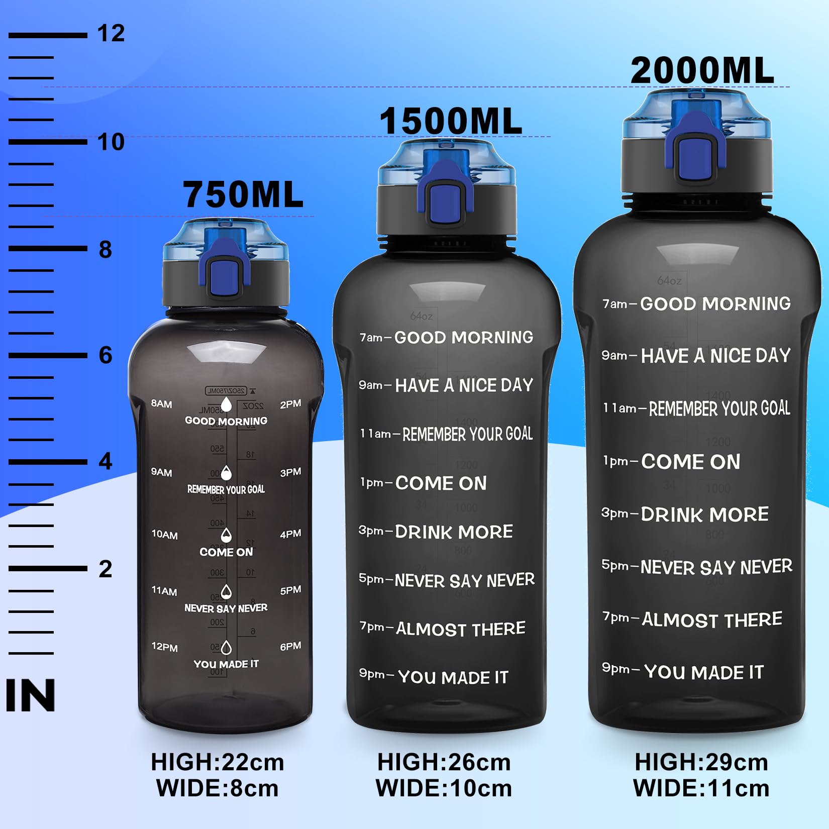 WEMEET Butelka na wodę z filtrem do owoców, 2 l, bez BPA, tritanu, ze znacznikiem czasu, 2000 ml, z pokrywką z klapką, szczelna, czarna