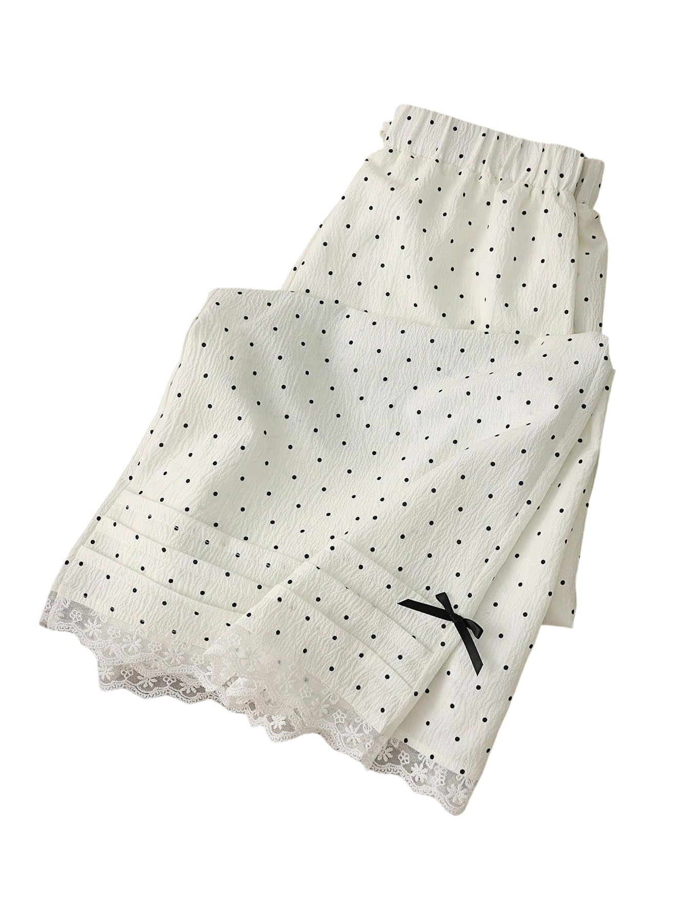 MakeMeChic Womens Polka Dots Fall Pants Casual High Waisted Bow Knot Lace Trim Wide Leg Trousers