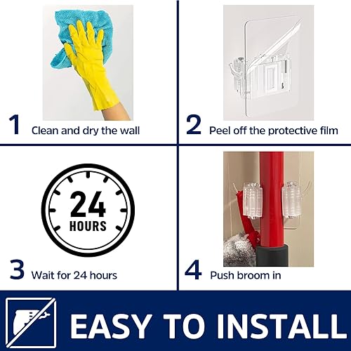 Miniatura 5 de Soporte de pared autoadhesivo para escobas, paquete de 4 ganchos para escobas, organizador antideslizante para colgar en la pared para baño, cocina,