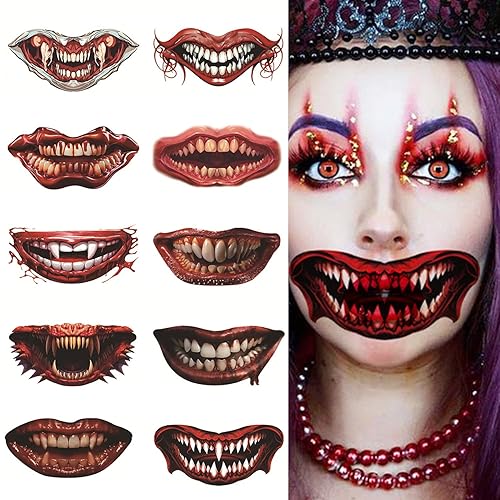10 calcomanías de tatuaje de boca de payaso de terror de Halloween, tatuajes temporales de Halloween, boca negra oscura, calcomanías de dientes,