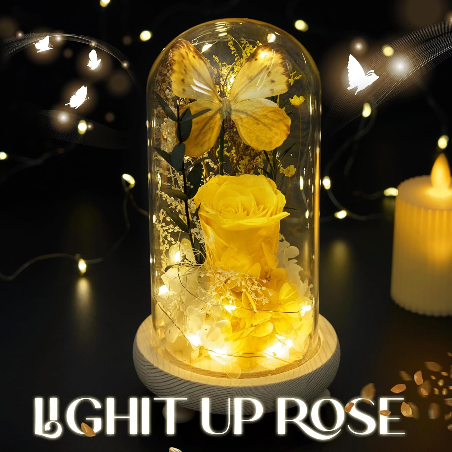 Forever Flowers Gifts for Mom Grandma Wife Girlfriend for Christmas, Preserved Flowers for Delivery Prime, Anniversary, Valentine's Day, Birthday for Her, Yellow Roses with Light in Glass Dome - Image 5