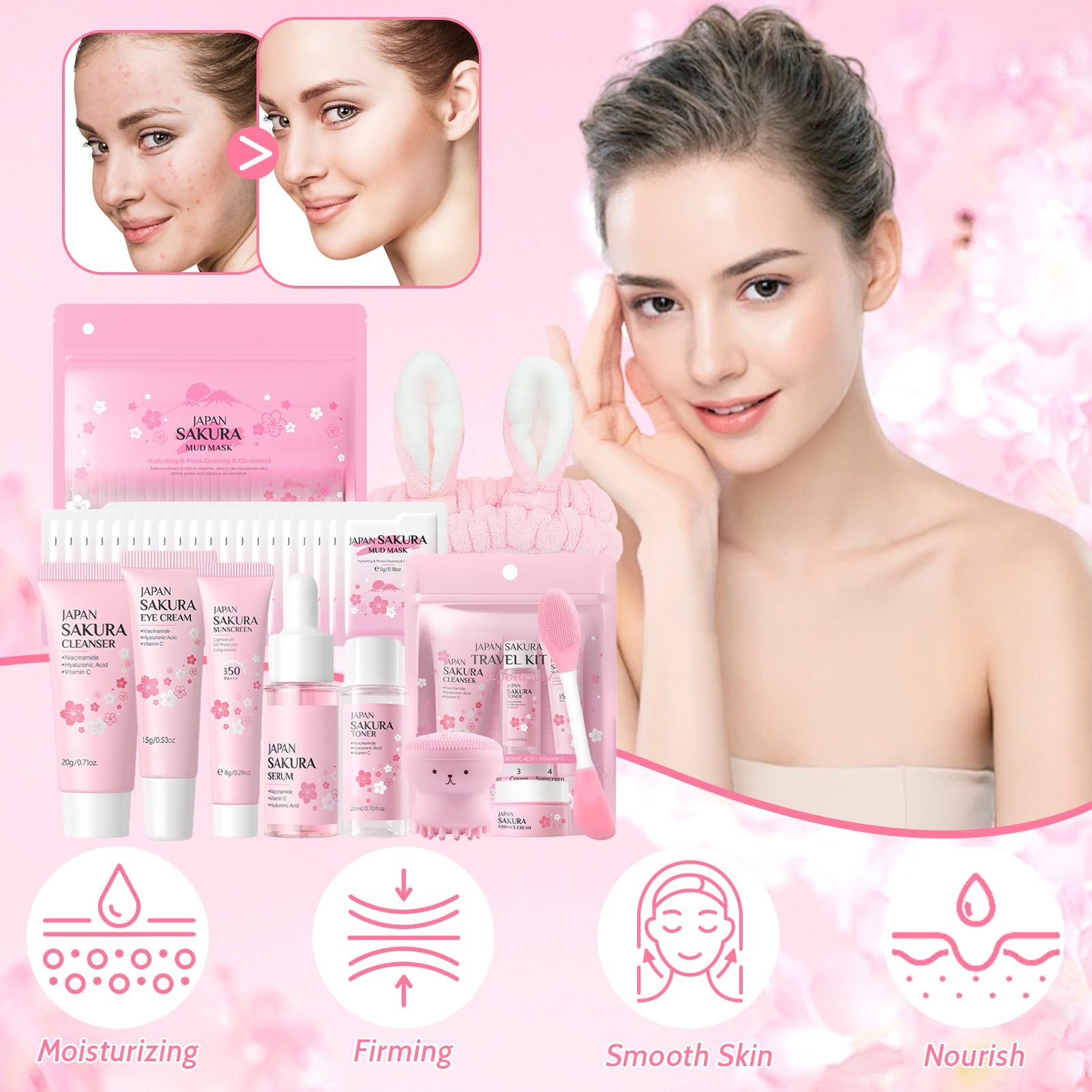 29 Pezzi Kit per la Cura della Pelle Sakura, include Detergente, Tonico, Crema Viso, Maschera, Siero e Crema per Gli Occhi, Mini Size da Viaggio Prodotti Skincare per Ragazze e Donne