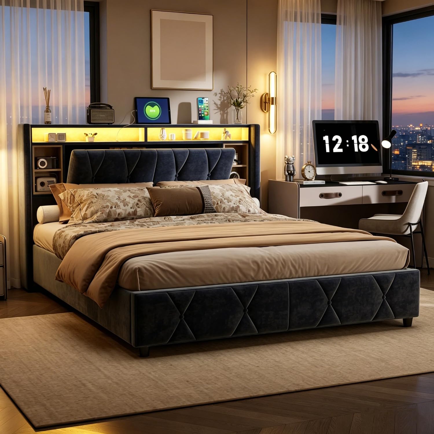 BRILVERDE Letto Imbottito 160x200 cm con Contenitore Idraulico, Letto Matrimoniale a LED con USB, Funzionale con testiera, Struttura Letto con Rete a doghe, Velluto (Grigio, 160 x 200 cm)