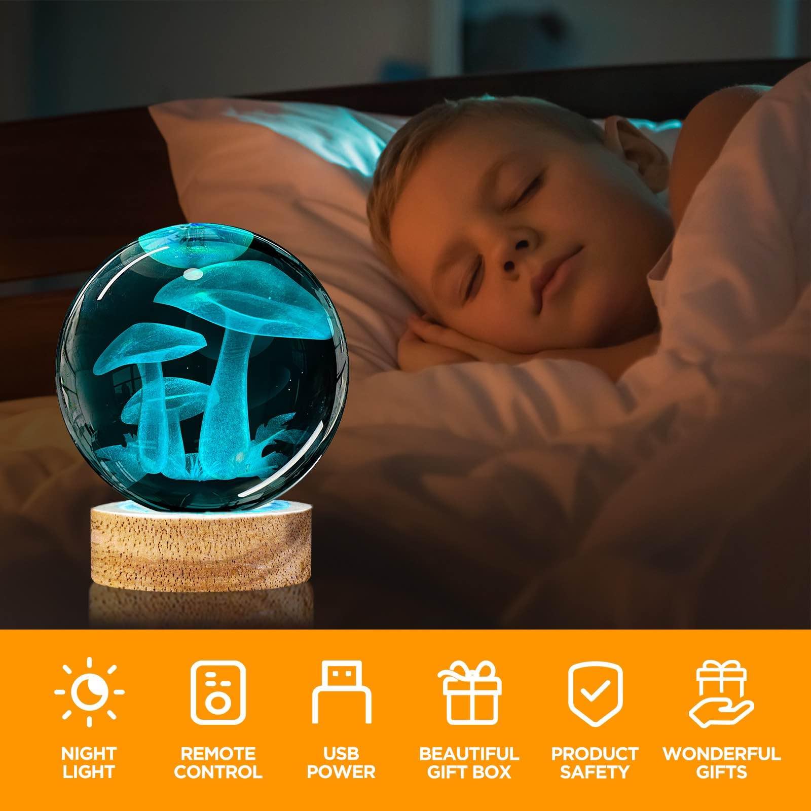 Mushroom Crystal Ball Night Light - 3.15 inch Glass Ball Lamp with