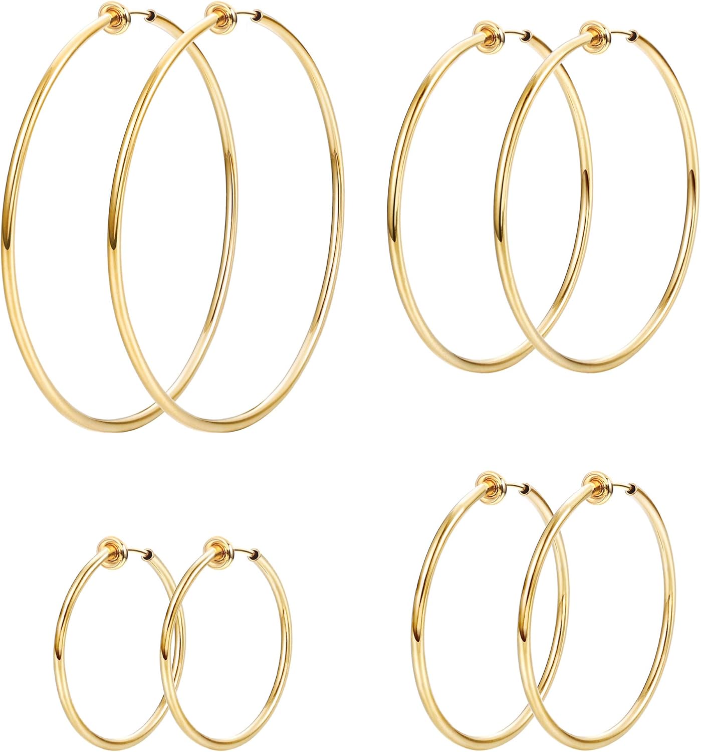 LOYALLOOK 4 Pairs Stainless Steel Clip On Hoop Earrings for Women Fake Hoop Earrings Spring Hoop Earrings For Non-Pierced Ears