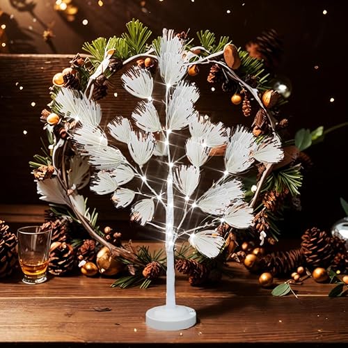Árbol de pino blanco artificial con ramas iluminadas, árboles de flores con luces LED para decoración de Navidad en interiores (20 pulgadas)
