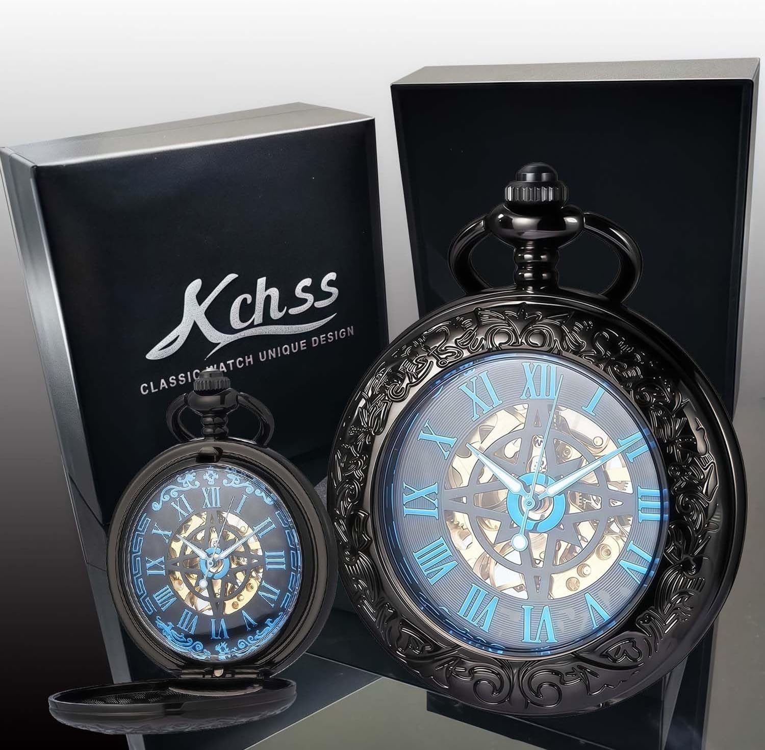 Mechanical Pocket Watch, for Men Women Special Magnifier Half Hunter Engraved Case Roman Numerals with Chain