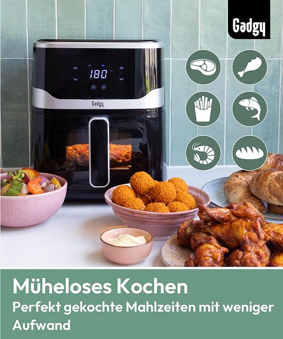 Gadgy Hot Air Fryer 5 L 1400 W with Viewing Window Touchscreen Airfryer with 7 programmes 80 to 200 degrees non-stick basket for chips meat fish vegetables and snacks with less fat