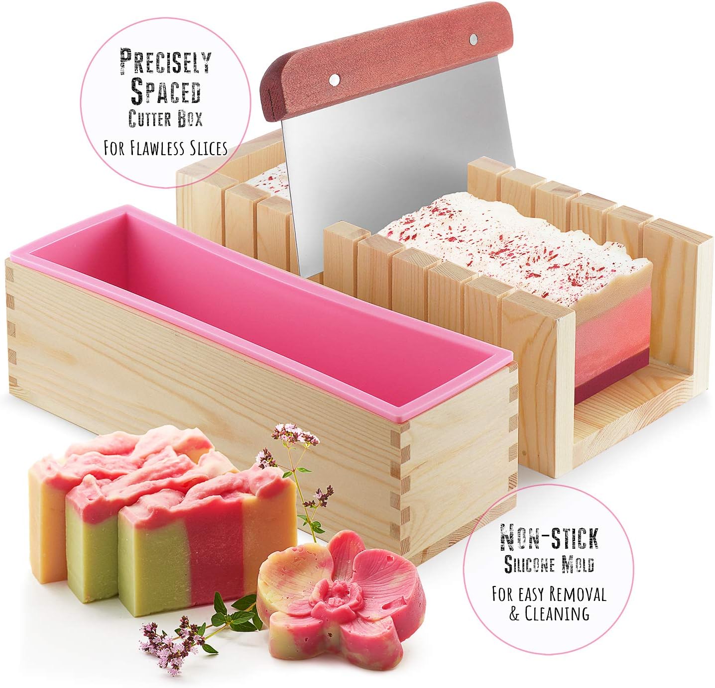 Melt and Pour Soap Base Set - Kit Includes: 2 2LB Shea Butter Base Blocks, Silicone Loaf Mold, Wooden Loaf Cutter Box, Stainless Steel Wavy & Straight Cutter, Makes a Complete Soap Accessories Set