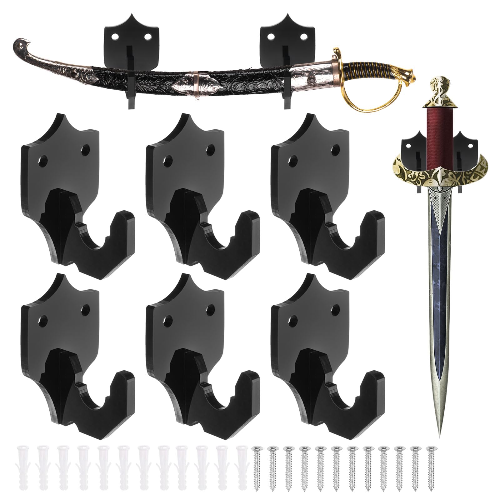 uxcell 6 Pcs Sword Holder Wall Mount Sword Racks Acrylic Wall Sword Display Hanger with Mounting Tools for Knife Martial Arts Sword Placement Display, Black(Shield)