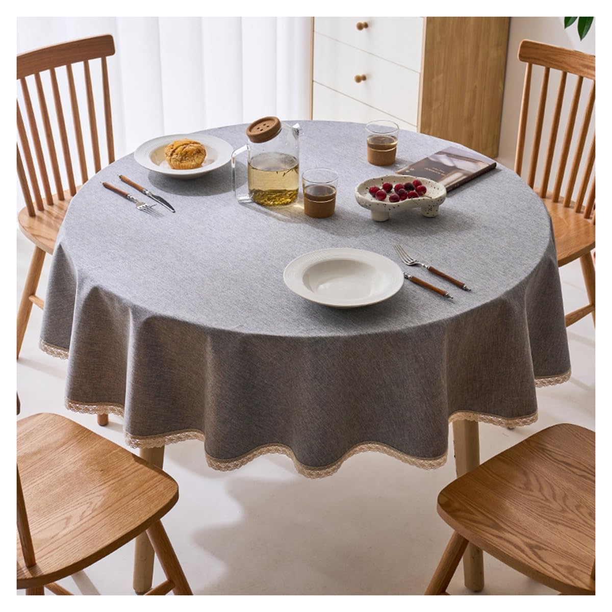 Nappe ronde en coton et lin protégeant votre table de salle à manger